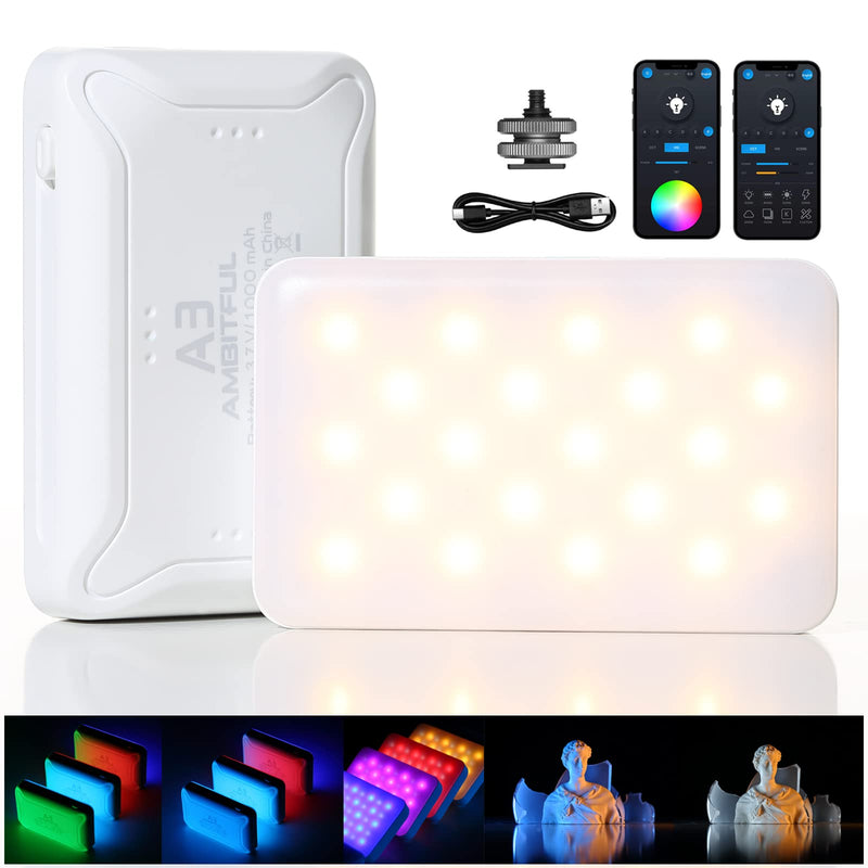 AMBITFUL A3 Full Color RGB LED Mini Light, Built-in FX Effects,350LX(0.5M,5500K) RA/95 TLCI/97,2800-6800K LED Video Light Panel with Mobile APP Control (White) White