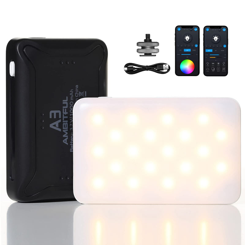 AMBITFUL A3 Full Color RGB LED Mini Light, Built-in FX Effects,350LX(0.5M,5500K) RA/95 TLCI/97,2800-6800K LED Video Light Panel with Mobile APP Control (Black) Black