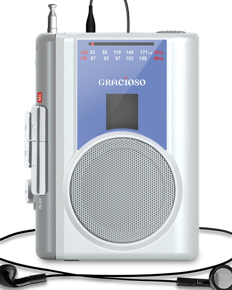 [AUSTRALIA] - Gracioso Protable Cassette Recorder Player: AM FM Compact Cassette Tape Player with Big Speaker & Earphone Jack, Build in Microphone,Cassette Player Powered by DC or AA Battery Sliver 