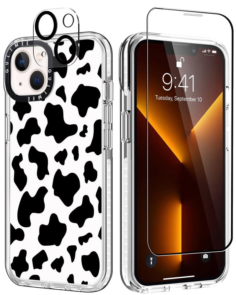 GULTMEE [3 in 1 Designed for iPhone 13 Case Cow Print with Built-in Bumper Shockproof Protective Phone Case Cover for iPhone 13 Cases 6.1" Tempered Glass Screen Protector + Camera Lens Protector iPhone 13 6.1 inch Cute Cow Print