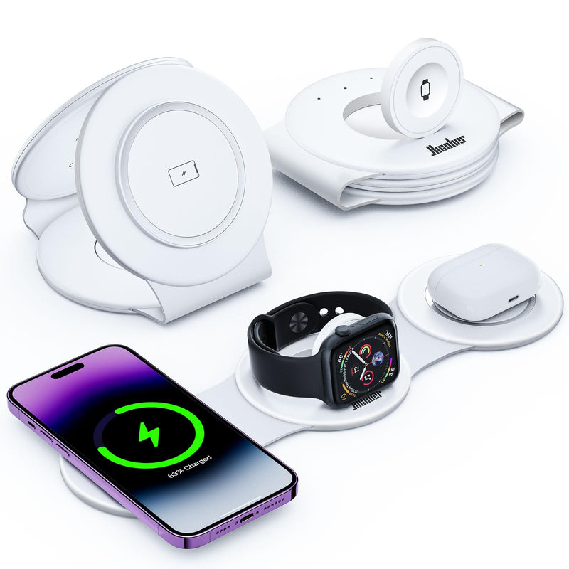 [AUSTRALIA] - Hicober 3 in 1 Wireless Charging Station for iPhone 15, Magnetic Foldable Travel Charger Station Stand 18W for iPhone 16 15 14 13 12 Pro/Max/Plus/Apple Watch All Series & Airpods White 