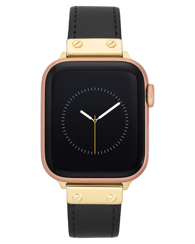 Anne Klein Leather Fashion Band for Apple Watch Secure, Adjustable, Apple Watch Band Replacement, Fits Most Wrists 42/44/45/46/49mm Black/Gold