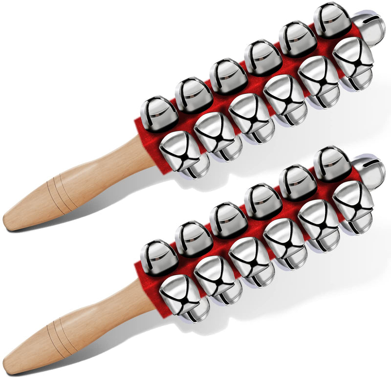 2 Pieces Christmas Hand Jingle Bells Wooden Handle Sleigh Christmas Stick Jingle Shaker Rattles Percussion Musical Bell Instruments for Kids Holiday Xmas Toys(Red)