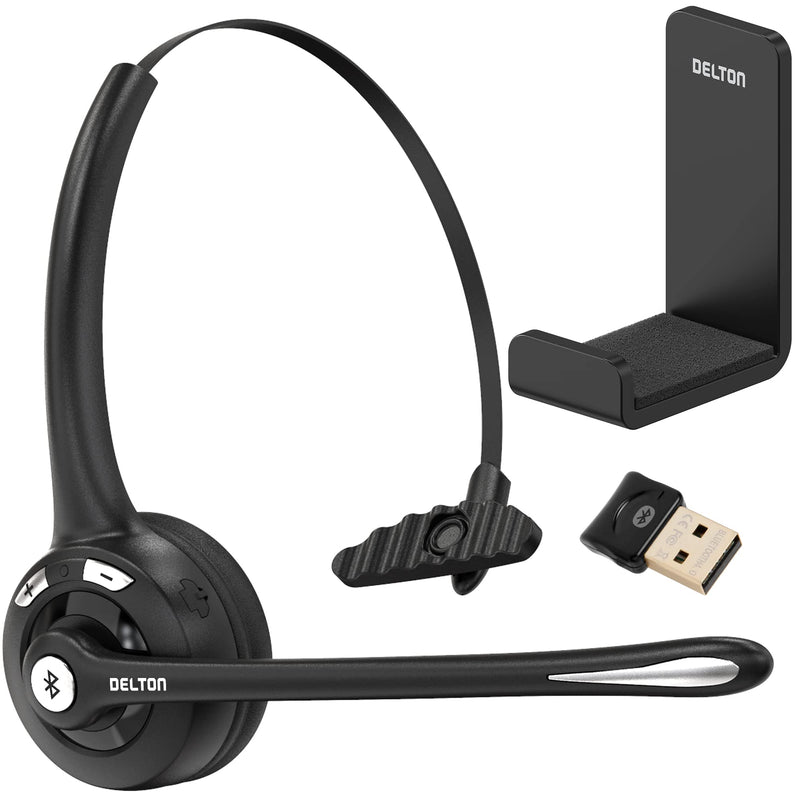 Delton Wireless Computer Headset with USB Dongle and Hook | Bluetooth Headset with Noise Canceling Mic, 15 Hrs talk time, For Computer, Cell Phone, Drivers, Office, Call Center - Black