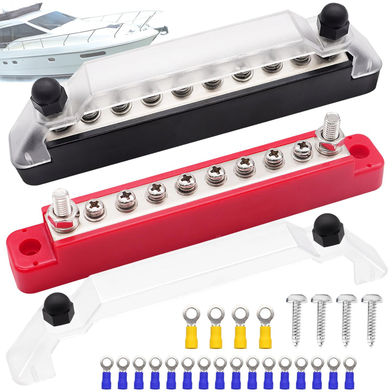 12V Bus Bar Marine 2 x 1/4" (M6) Terminal Studs,8 x M4 (#8) Terminal Screws,12V Power Distribution Block with Cover and Ring Terminals, Battery Bus Bar for Car and Boat (Black+Red) Q-O-038-10-A 2 x 1/4"(M6) Studs & 8 x #8(M4) Screws