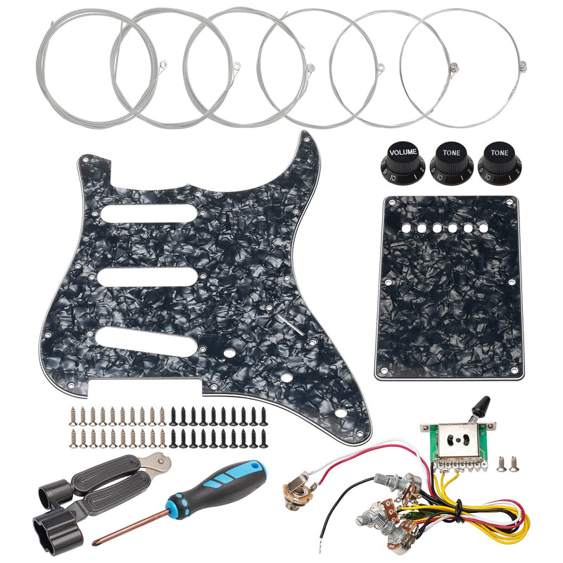 Swhmc SSS 11 Hole Electric Guitar Pickguard ST Backplate Set with Control Knobs, Toggle Switch, Guitar Strings for Fender Stratocaster Strat, Black Pearl Black