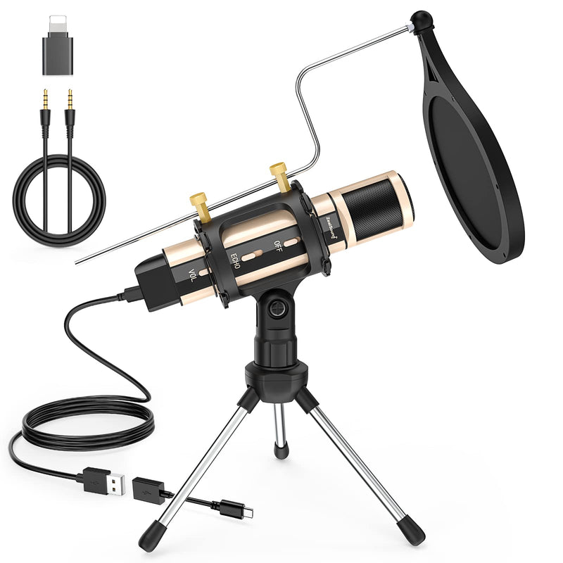 ZealSound Microphone,USB&3.5mm Mic W/Type-C Adapter for i-Phone Computer phone,Condenser Microphone with Echo Volume,Tripod Stand,Pop Filter,for ASMR Video Recording Streaming Discord Twitch Gold