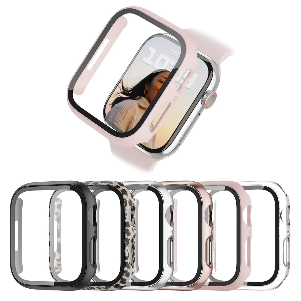 6 Pack Case for Apple Watch SE (2nd) Series 6/SE/5/4 40mm with Tempered Glass Screen Protector, BHARVEST High Definition Scratch Resistant Hard PC Bumper Cover for Apple Watch Accessories, 40mm Black+Silver+Rose Gold+Pink+Clear+Leopard
