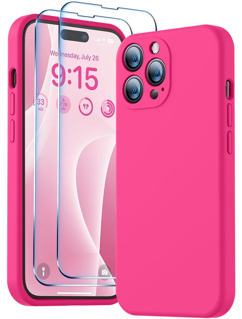 BossKiss Compatible with iPhone 14 Pro Max Case 6.7 inch, Premium Liquid Silicone Case [Velvety Touch] [2 Pcs 9H Tempered Glass Screen Protector], Camera All-Round Protection Case, Hot Pink iPhone 14 Pro Max 6.7inch