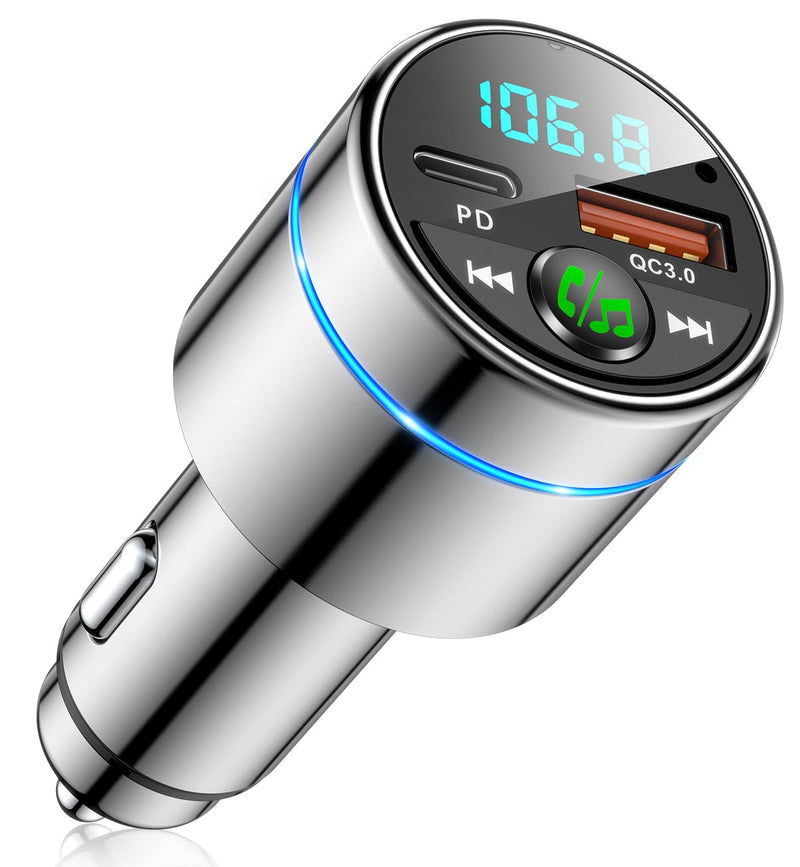 FM Transmitter for Car Bluetooth 5.3, All-Metal PD 20W & QC3.0 18W Fast Charger, Wireless FM Radio Car Kit Bluetooth Adapter, Noise Cancelling Hands-Free Call, Hi-Fi Music, Ring Light