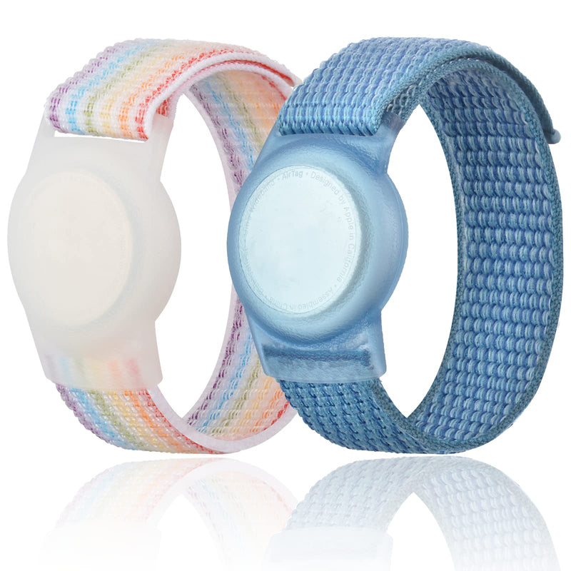 Kids Wristband Compatible with Apple AirTag, Protective Case for Air Tag GPS Tracker Holder with Nylon Bracelet, Adjustable Anti Lost Watch Band for Toddler Child Elder (Rainbow A & Blue) Rainbow A & Blue