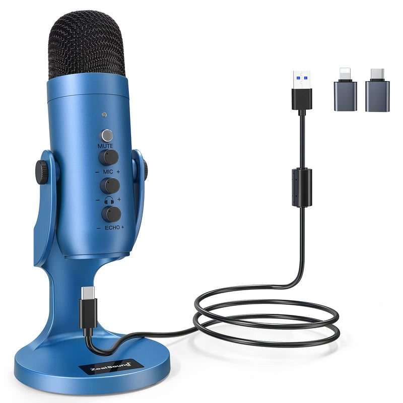ZealSound USB Microphone,Condenser Gaming Mic for Phone/Laptop/PC/PS4/5/Computer,Microphone with Gain Knob,LED Mute,Monitor Volume Adjustment,Stand Base for Streaming, Podcast, Studio Recording (Blue) Blue