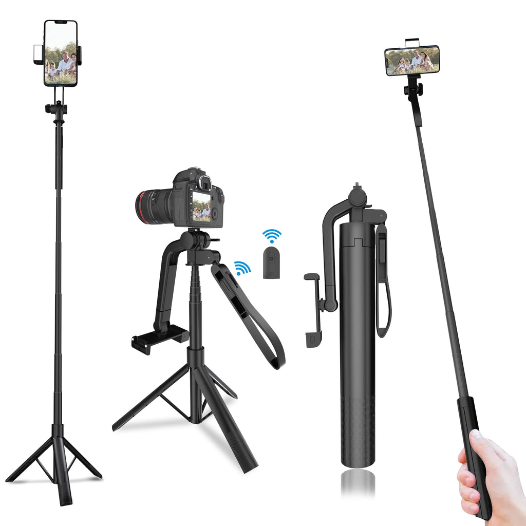 60" Selfie Stick Tripod, Portable Extendable Cell Phone Stand Camera Tripod, Lightweight, Wireless Remote Shutter Phone Tripod with Flash Light for Travel Video Recording Vlog (Black)