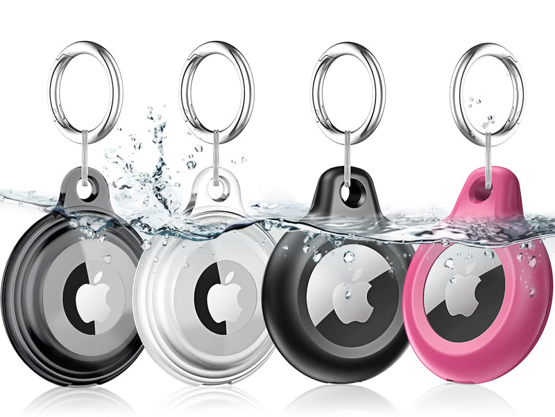 4 Pack Airtag Keychain for Apple Air Tag Holder IPX8 Waterproof Military-Grade Drop Shockproof Protective Cover Case Scratch Resistant for Pets, Dog, Keys, Cat, Luggage Black/Clear/Black/Rose Red