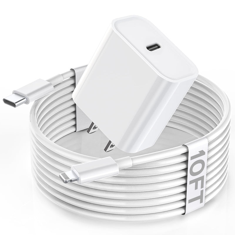 [AUSTRALIA] - Apple Fast Charger, 10FT Extra Long Fast iPhone Charger Travel Plug Adapter 20W Super Quick Apple Charging USB C Wall Charger Block with 10Foot Lightning Cable Cord for iPhone 14/13/12/11/X/XR/SE/iPad White 