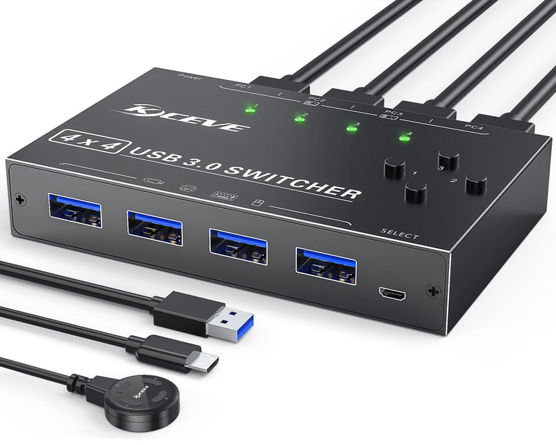 USB 3.0 Switch Selector 4 Port,MLEEDA KVM Switcher 4 Computers Sharing 4 USB Devices,USB Peripheral Switcher for Keyboard Mouse Printer Scanner,with Wired Remote Button and 4 USB 3.0 Cable USB Switch 4 PC