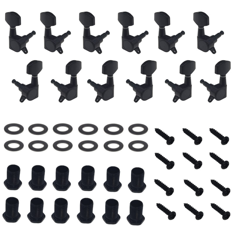 12Pcs Guitar String Tuning Pegs Tuner, Silver Machine Heads Knobs for Electric & Acoustic Guitar 6L 6R Black