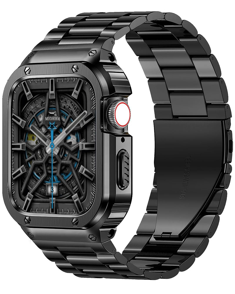 MioHHR Stainless Steel Band and Case Compatible with Apple Watch Band 45mm | Men Metal Protective Bumper Cover with Straps for iWatch 45mm Series 9/8/7, Black 45mm(Series 9/8/7)