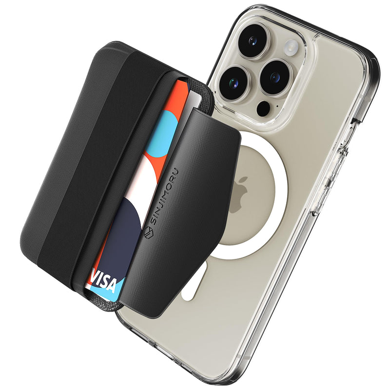 Sinjimoru Magnetic Wallet for iPhone, Magnetic Card Holder with Flap - Anti-slip for Cards, for MagSafe Wallet with Grip, Compatible with iPhone 15/14/13/12 Series. M-Band Black