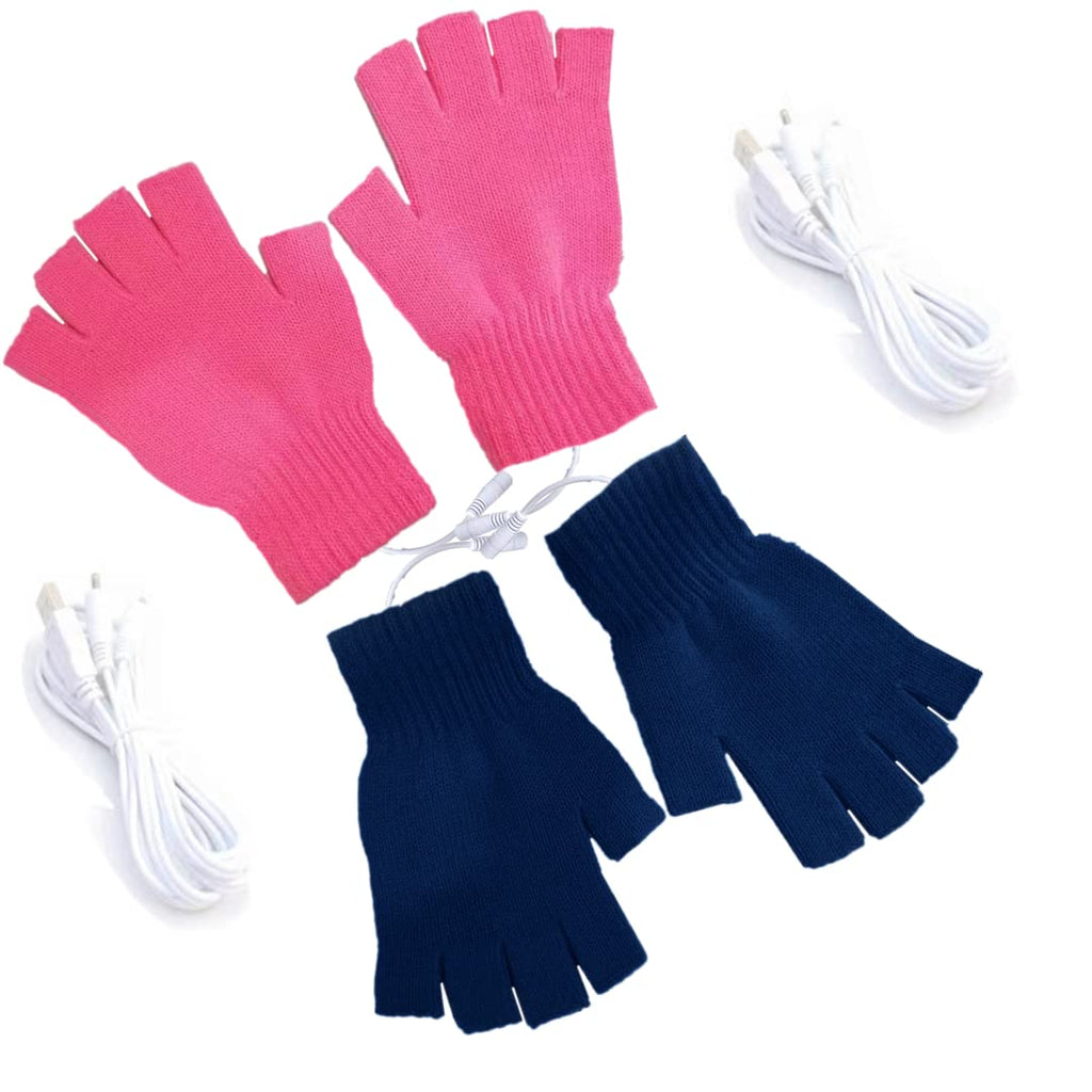 Kbinter USB 2.0 Powered Heating Pattern Knitting (2 Pack) Heated Gloves Fingerless Hands Warmer Mittens Laptop Computer 5.0V Warm Gloves for Women Men Girls Boys (Deep Blue+Rose)