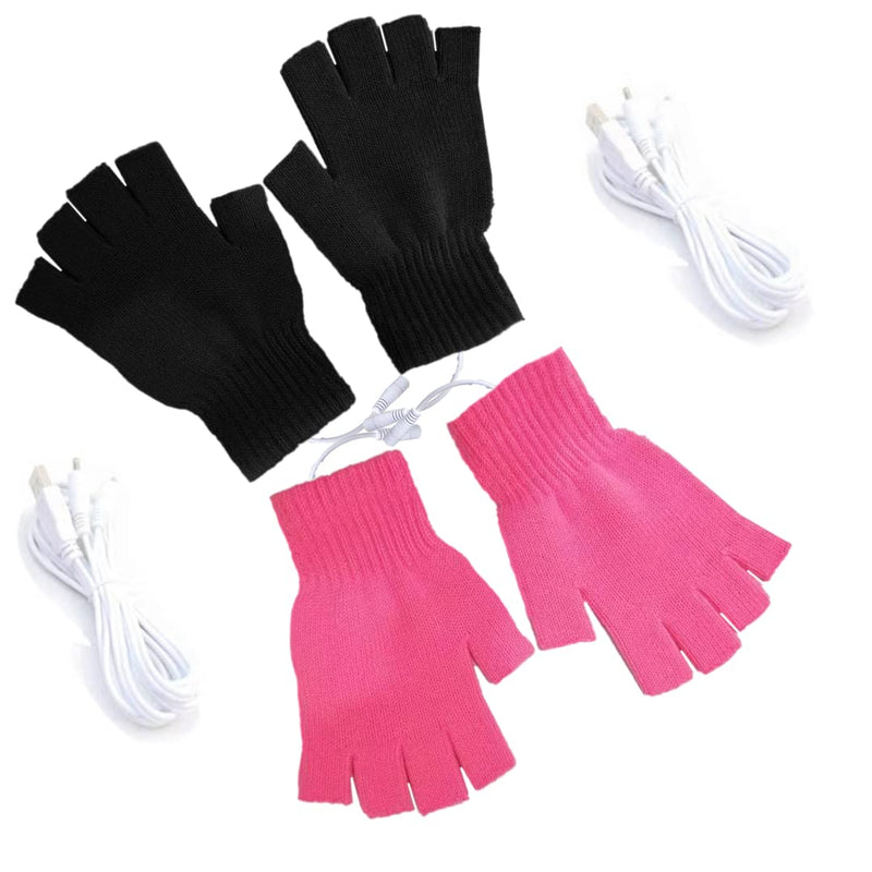 Kbinter USB 2.0 Powered Heating Pattern Knitting (2 Pack) Heated Gloves Fingerless Hands Warmer Mittens Laptop Computer 5.0V Warm Gloves for Women Men Girls Boys (Black+Rose)