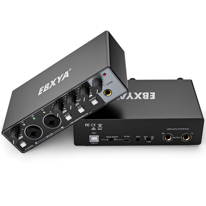 EBXYA 2i2 USB Audio Interface for PC Recording, 24-bit/192kHz Plug and Play USB Interface +48V Phantom Power for Music, Studio, Guitar, Podcast, Streaming No Software Included(Metallic Black) Audio Interface-Black