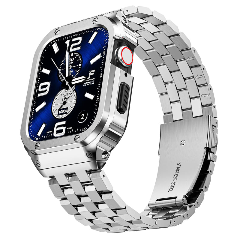 SUPLINK Stainless Steel Case Compatible with 45mm Apple Watch Bands for Men | Metal Rugged Case Protective Bumper Adjustable Bands for iWatch Apple Watch Series 9 8 7 Band, Silver 45mm(series 9/8/7)