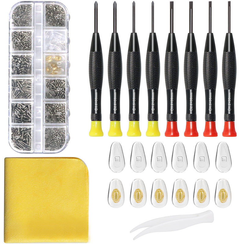 Eyeglass Repair Kit with Glasses Screws - Contains Precision Screwdriver kit and Nose Pads, Cleaning Cloth, Tweezers, Complete Glasses Repair Kit Plus