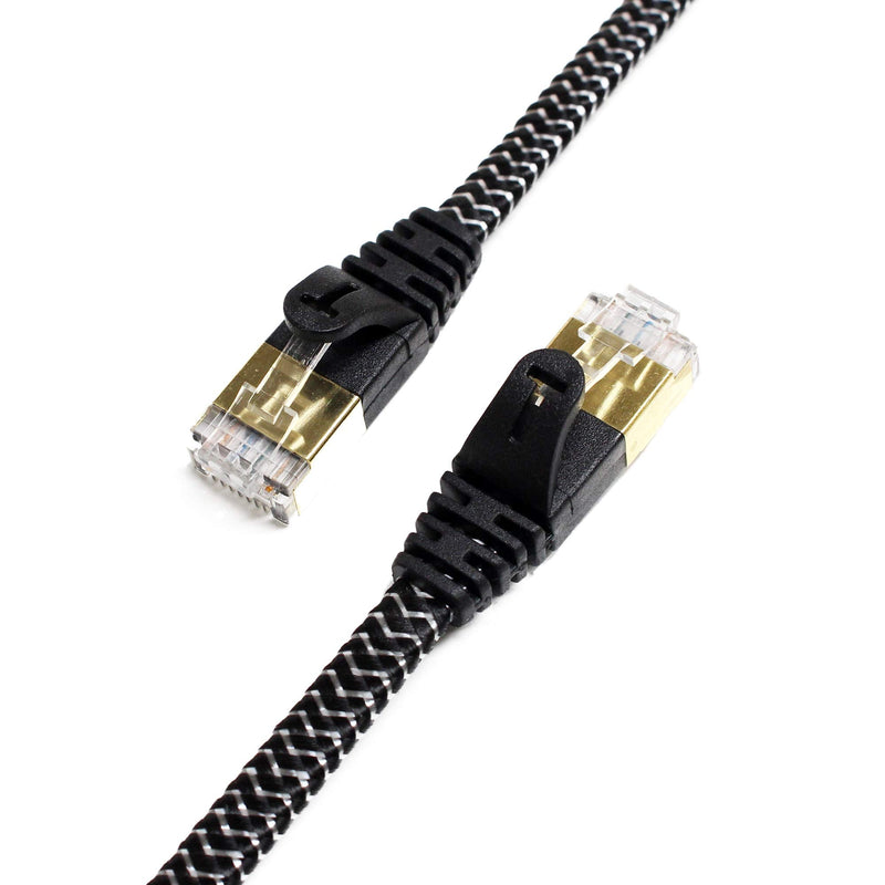 Tera Grand - 75FT - CAT7 10 Gigabit Ethernet Ultra Flat Patch Cable for Modem Router LAN Network - Braided Jacket, Gold Plated Shielded RJ45 Connectors, Faster Than CAT6a CAT6 CAT5e, Black & White 75 FT Black & White - Braided - Flat