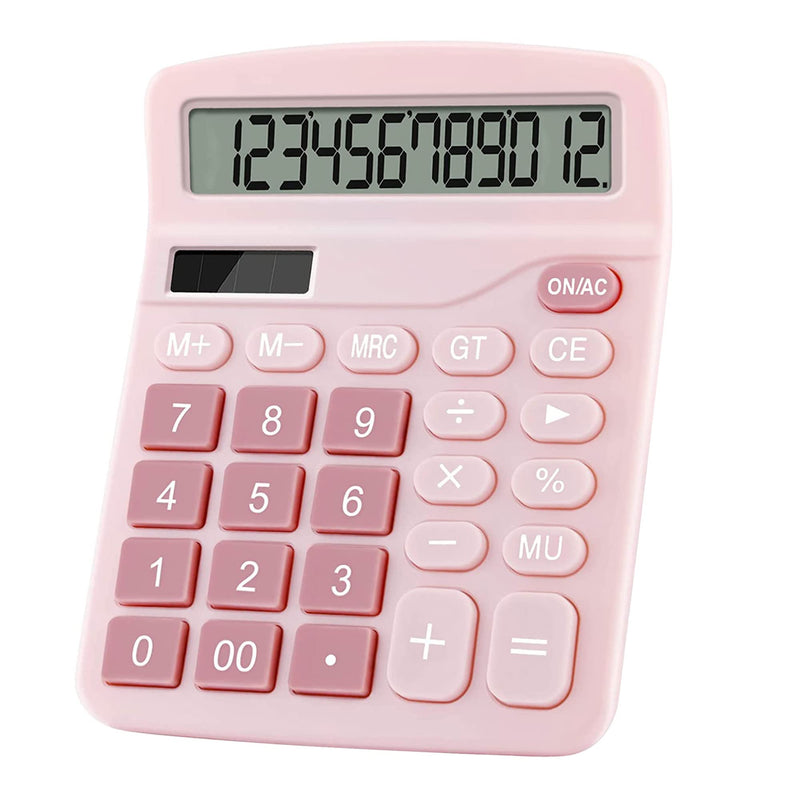 Office Calculators Desktop, 12-Digit Dual Power Cute Calculator with Large LCD Display Big Button for Office Home and School (Pink) Pink