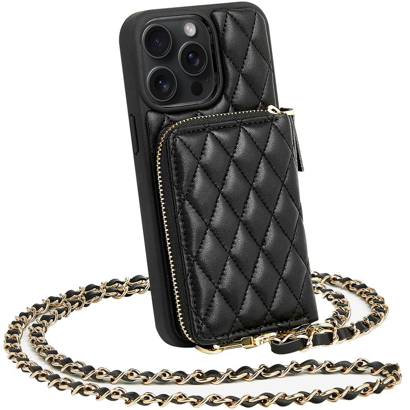 LAMEEKU for iPhone 14 Pro Max Wallet Case, Card Holder Case Crossbody Purse for Women Quilted Leather RFID Shockproof Cover Compatible with iPhone 14 Pro Max, 6.7 Inch-Black iPhone 14 Pro Max 6.7" Black-01