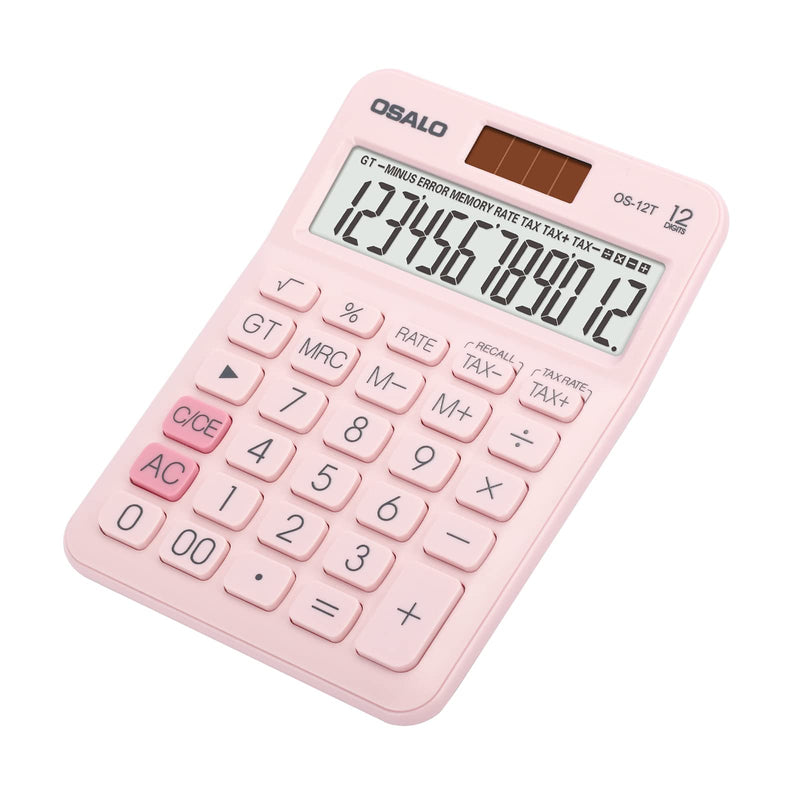 Pocket Small Size Desk Calculator, 12 Digit Large LCD Display, Basic Tax Function Handheld Desktop Calculator with Solar Battery Dual Power, Perfect for Office, School, Business OS-12T (Pink) 12T-Pink