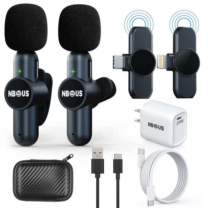 NBtoUS Wireless Lavalier Microphone for iPhone iPad Android (2 Mics and 2 Receivers) 65FT 6H Working Time，Plug-Play Low Latency Wireless Microphones for Video TikTok Facebook (20W PD3.0 Fast Charger 6.7*3.54*2.95inch with 20W charger