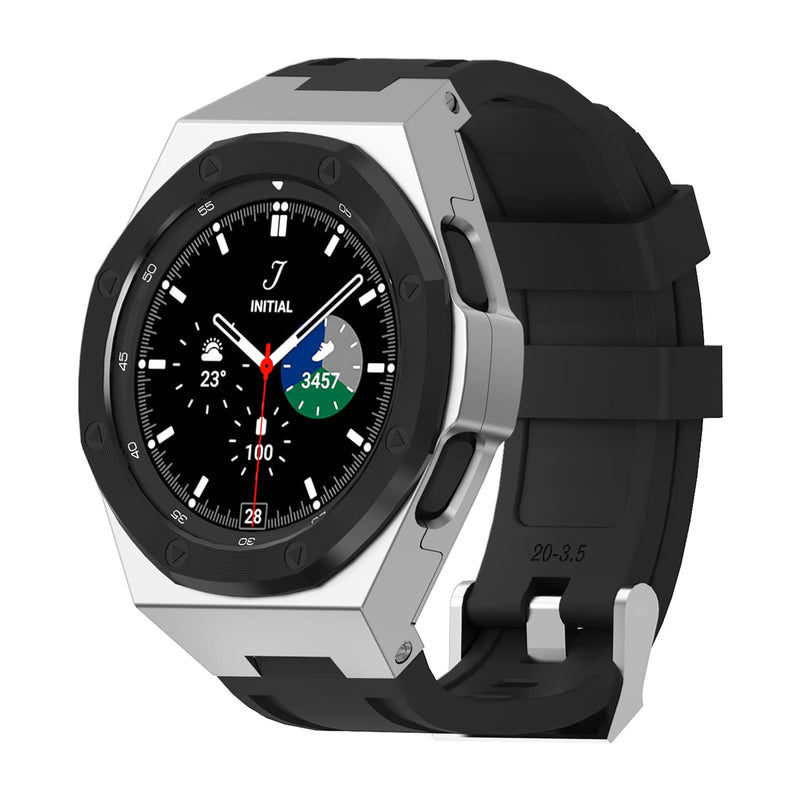 Luxury Case Designed for Samsung Galaxy Watch 4 Classic 46mm 2021, Rugged Military Protective Metal Bumper Case with Tactical Silicone Band for Men Silver Silicone