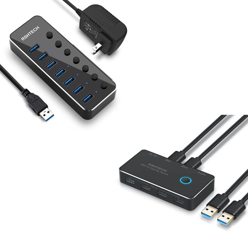 RSHTECH 7 PortPowered USB 3.0 Hub with AC Adapter + 2 in 5 Out USB Switch with 4 USB 3.0 Ports, 3.5mm Audio Jack and 2 Pack USB Cable