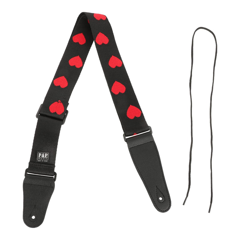 Vaguelly Guitar Strap, Adjustable Nylon Shoulder Strap with PU Ends, Embroidery Guitar Shoulder Strap Red Heart Patterned
