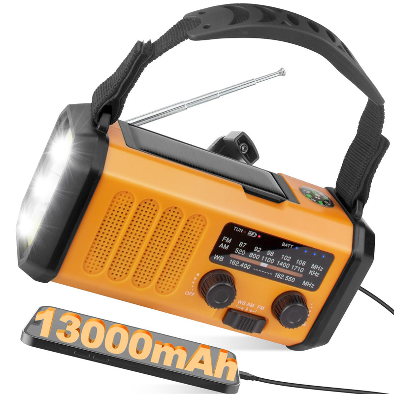 48100mWh/13000mAh Emergency Weather Radio, 4 Way Powered AM/FM/NOAA Portable Solar Crank Radio, Dynamo Phone Charger,700LM LED Flashlight/Reading Lamp,SOS,Compass for Hurricane Storm Camping Survival 13000mAh（Orange)