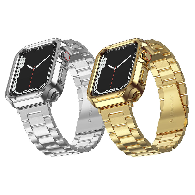 2 Pack Designed for Apple Watch Band, Wrist-Band for i-Watch Series 9 8 7 6 5 4 3 2 1 SE, Stainless Steel Metal Chain with TPU Cover Case, Smart-Watch Link Bracelet Strap, 45 44 42 41 40 38mm Gold+Silver 45/44/42mm