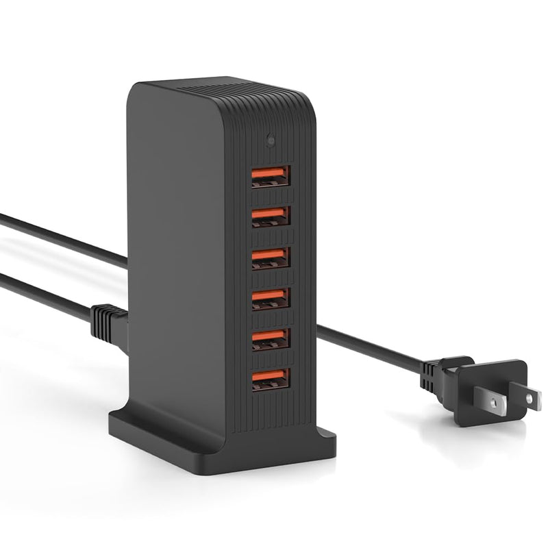 USB Charger 6 Port 50W Multi USB Tower Charging Station for Multiple Devices iPhone 15/14/14 Pro/14 Pro Max/13 Pro/13 Pro Max/Android/Samsung/Tablet,etc(Black USB) black 50W 6A