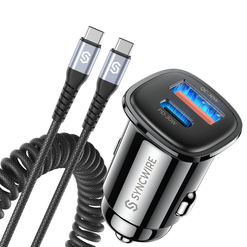 Syncwire USB C Car Charger 60W [PD 30W & QC 30W] Fast Charging USB Adapter with 5FT Type C Cable Compatible with Samsung S23/S22 Google Pixel 7/7Pro iPhone 14 Pro Max and More Black