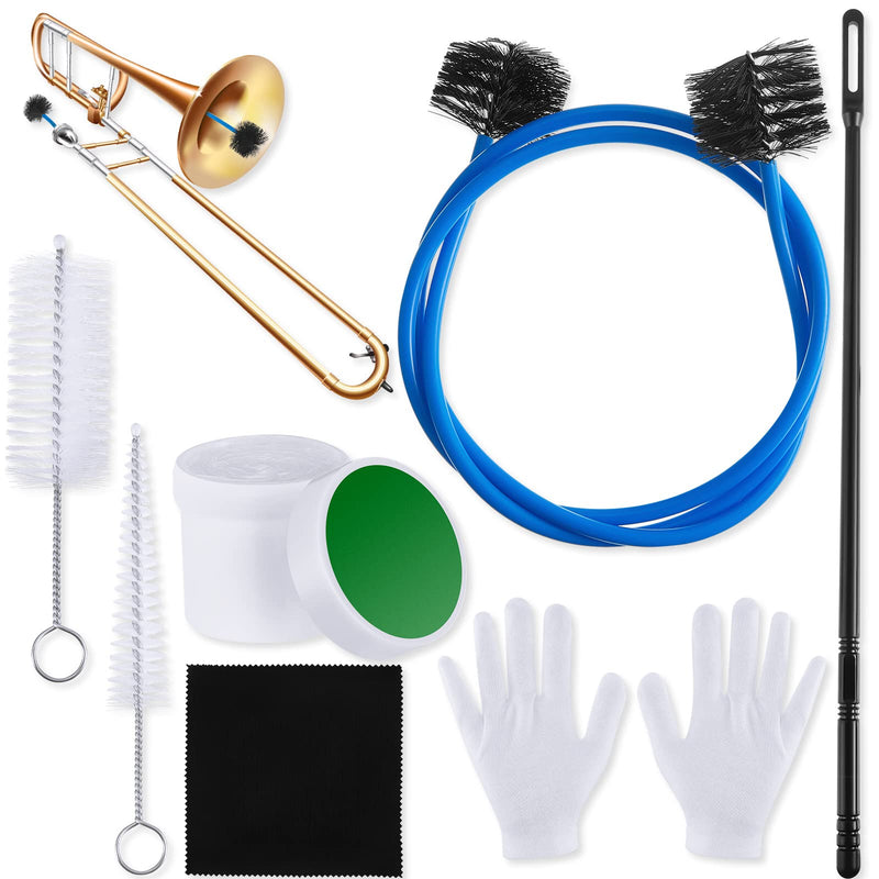 [AUSTRALIA] - 7 Pieces Trombone Care Cleaning Kit Maintenance Kit Flexible Brush Slide Grease Mouthpiece Brush Valve Cleaning Cloth Casing Brush Cleaning Rod White Gloves for Instruments 