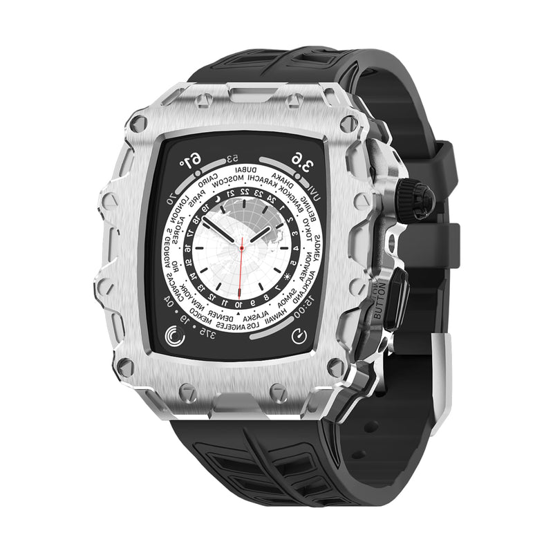 Luxury Rugged Case with Band Compatible for Apple Watch Series 9 8 7 45mm / SE 6 5 4 44mm, Metal Alloy Military Protective Bumper Cover, Tactical Heavy Duty Full Body Protection for Men iWatch Silver Black