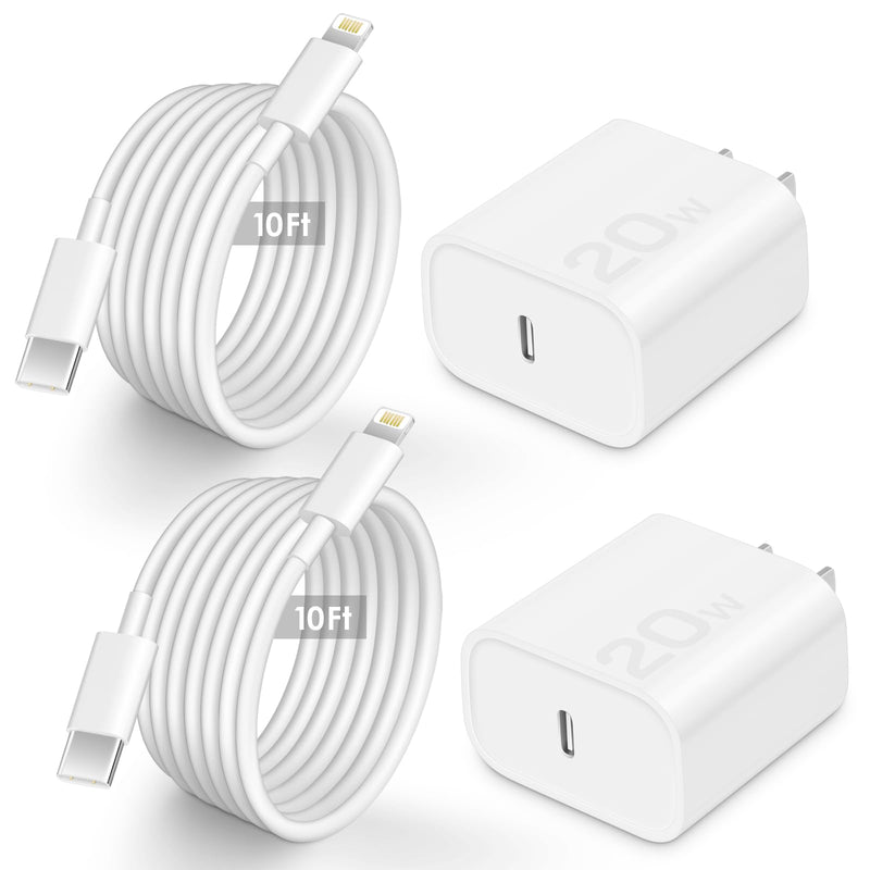 2 Pack for Phone Charger Fast Charger 10 FT 20W PD USB C Fast Charger Block with 10 Foot USB C Fast Charging Cable Compatible with iP14 Plus/14/13/12/11 Pro Max/XS/Max