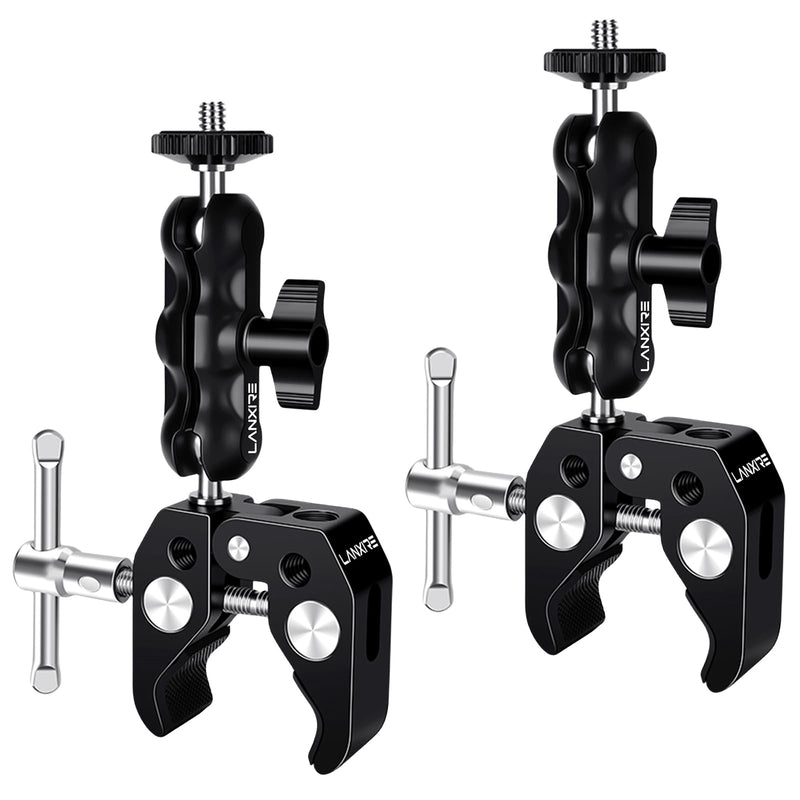 [AUSTRALIA] - Camera Mount Clamp with Double Ball Head Adapter - 2 Pack. Compatible with LED Lights, Gopro, Insta360, DJI Action, Ronin-M, Ronin MX. 360° Ballhead and 1/4’’ + 3/8’’ Thread Hole. 