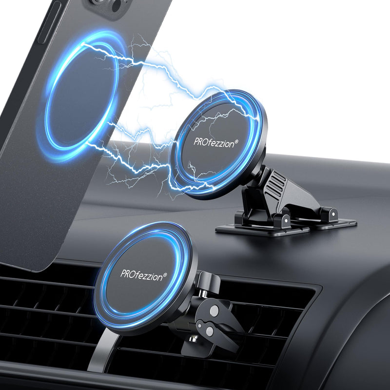 PROfezzion 2-Pack for MagSafe Mount Holder Fits Car Vent Dashboard & Office | Strong 3M Adhesive, Stable Vent Clip, Powerful Magnets Compatible with MagSafe for iPhone 17 - 12 Pro Max & All Phones Car Air Vent + Car Dash (1 + 1)