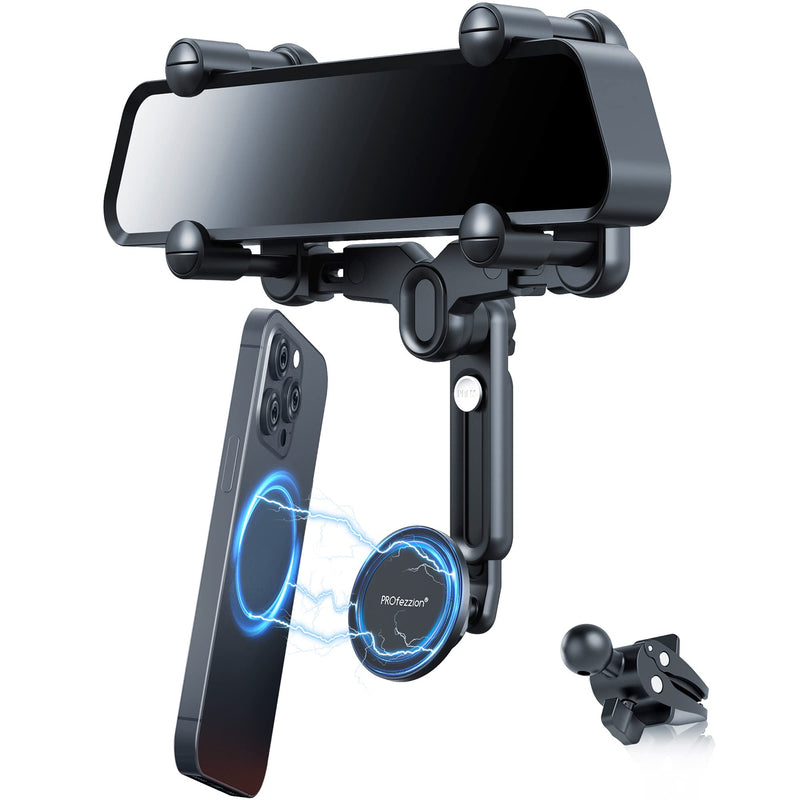 PROfezzion Car Rearview Mirror Magnetic Phone Mount Holder for MagSafe | Vent Clip Included, No Vibrating, Eye-level View, Length & Angle Adjustment, for iPhone 17 16 15 14 13 Pro Max & All Phones Car Rearview Mirror or Vent