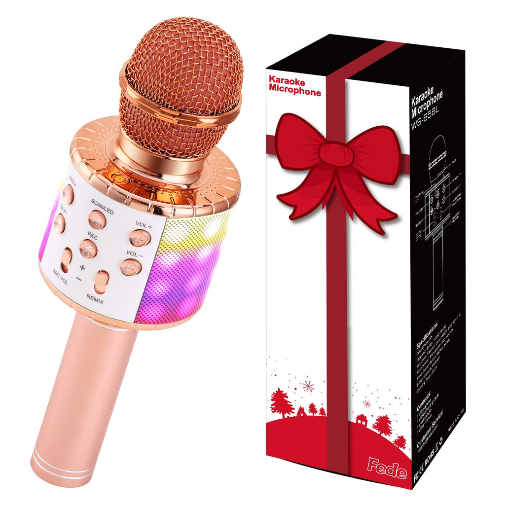 Fede Karaoke Microphone, Toys for 3-12 Year Old Girls Boys, Wireless Bluetooth Microphone for Kids Singing, Portable Handheld Mic Speaker Machine, Gifts for Girls Boys Age 3-12 Rose gold