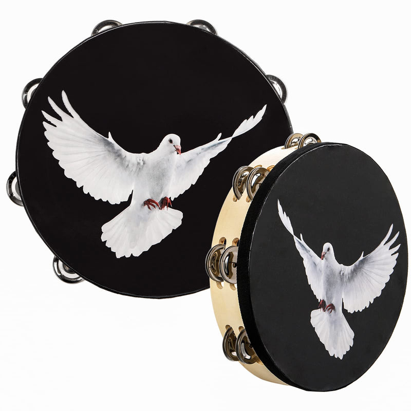 [AUSTRALIA] - Elsjoy Set of 2 Tambourine, 10" and 8" Dove Church Tambourine with Double Row Jingle, Wooden Handbell Hand Clap Drum Percussion Instrument for Church, Black 