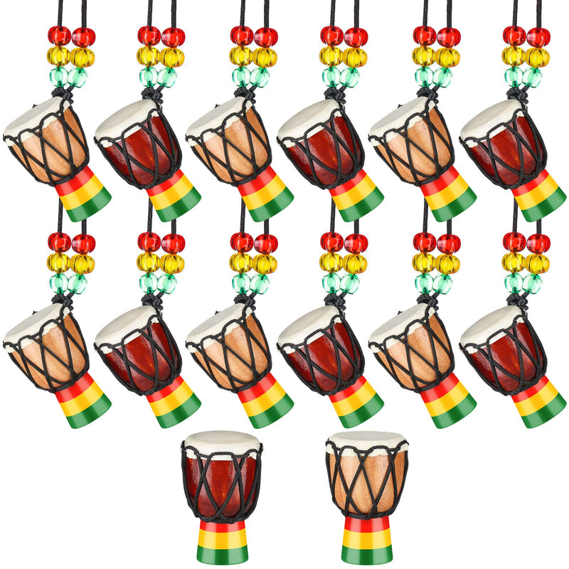 14 Pcs Djembe Drum Necklaces Hand Drum Necklaces Wooden Classic Mini Instrument Pendant African Drum African Bongos Percussion Necklace for Drum Circle Adults Dark Brown and Light Brown