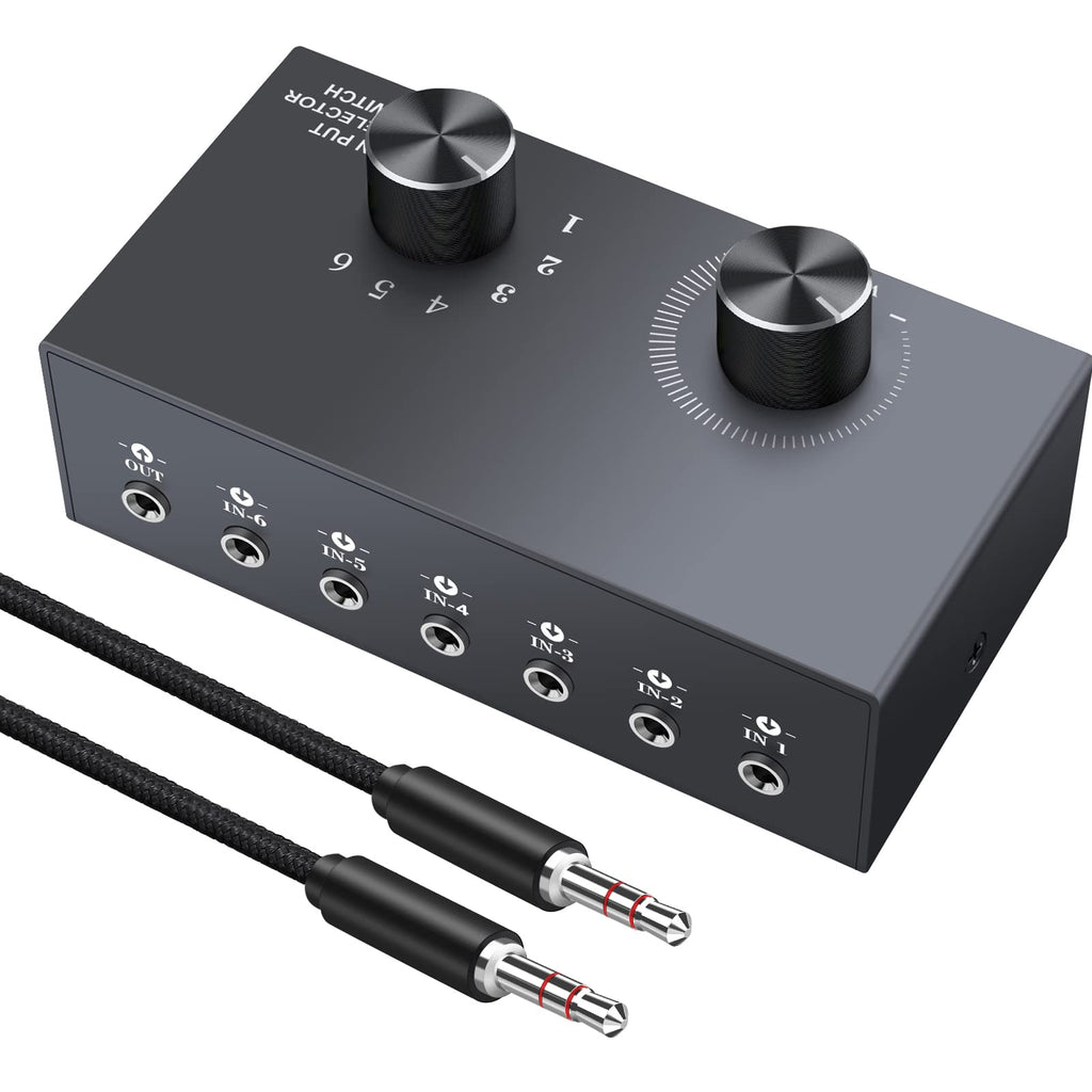 LiNKFOR 6 Ports 3.5mm Audio Switch Bidirectional 3.5mm Audio Switcher Support 1 in 6 Out or 6 in 1 Out with Volume Control No External Power for PC Phone Headphone Stereo Speaker CD Player